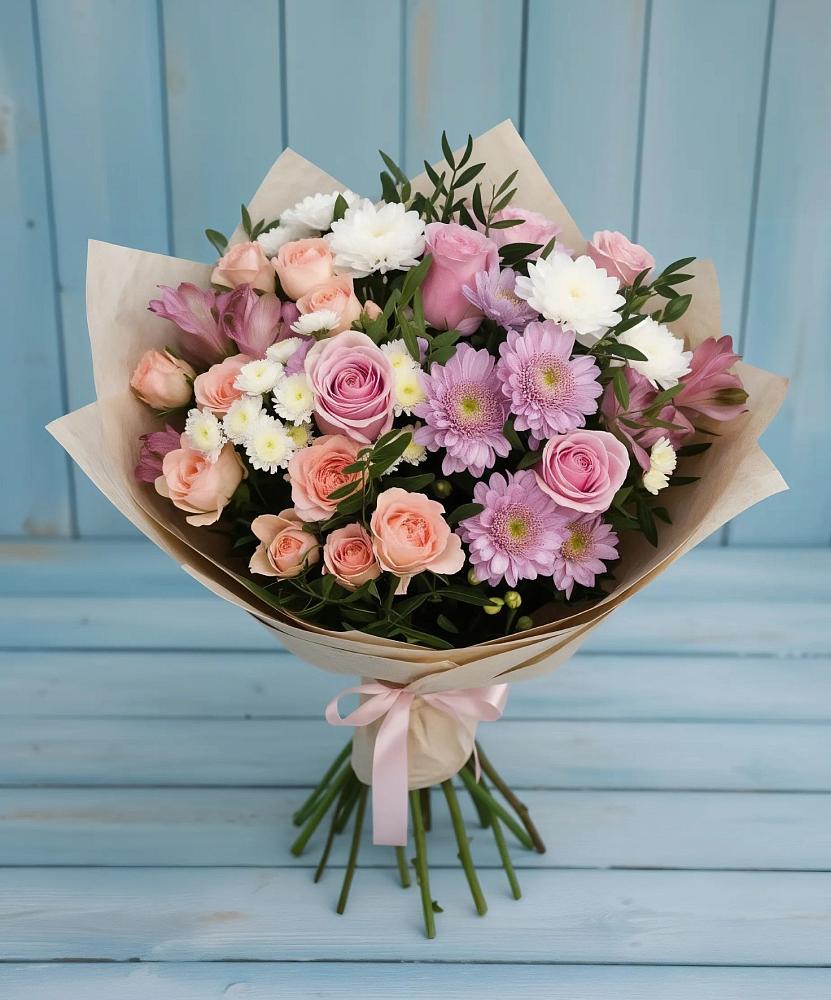 Букет цветов из: Хризантемы, Розы и Альстромерии в Бурибай