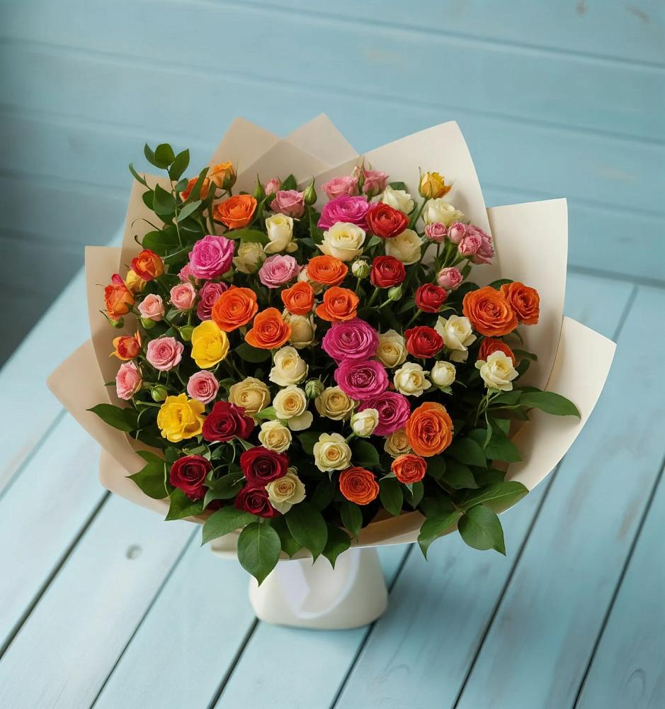 Букет Микс из разноцветных кустовых роз в Бурибай