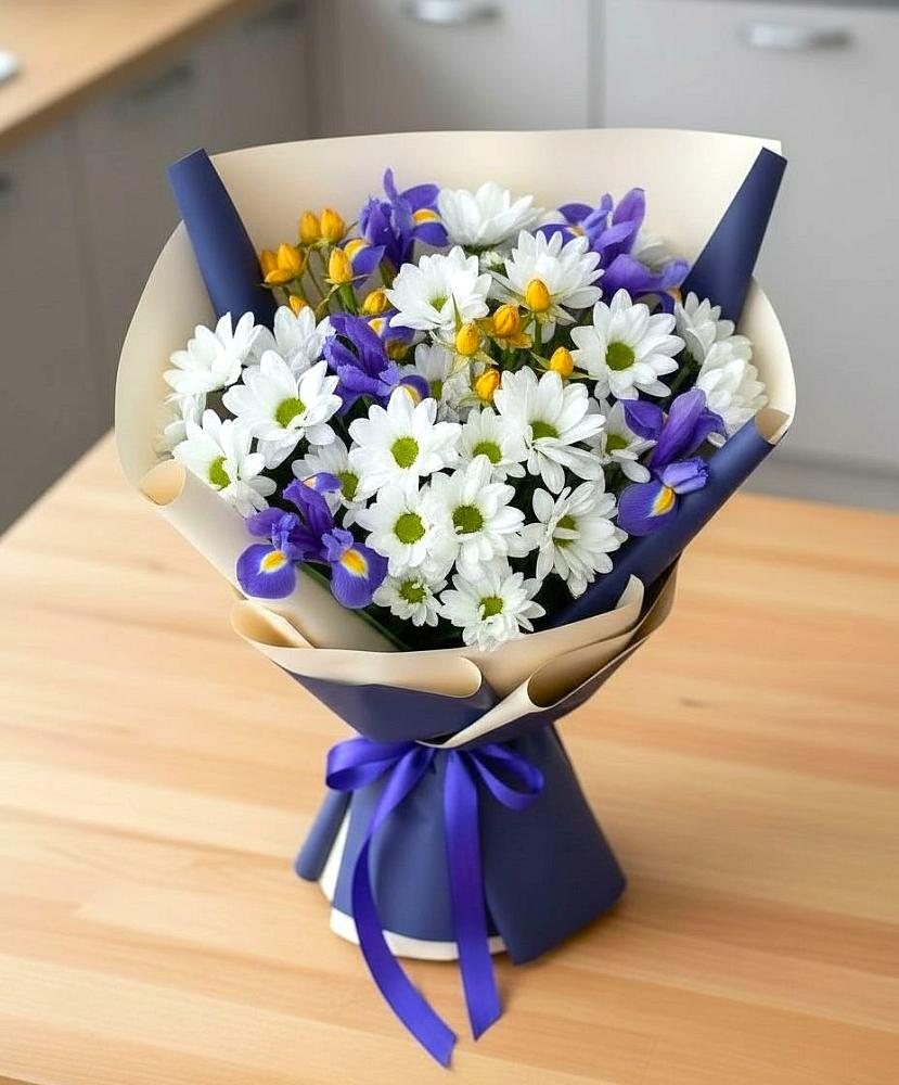 Букет цветов из: Розы, Ирисы и Хризантемы в Бурибай