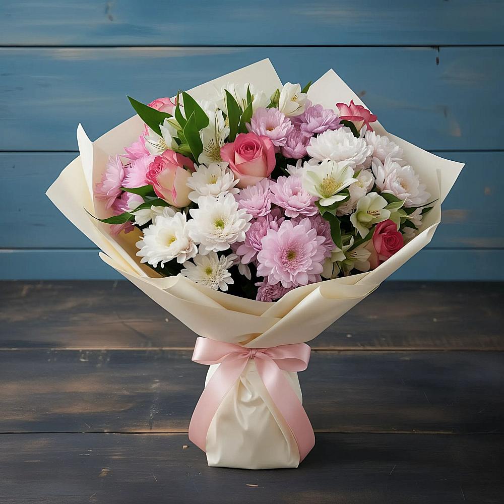 Букет цветов из: Хризантемы, Альстромерии и Розы в Бурибай